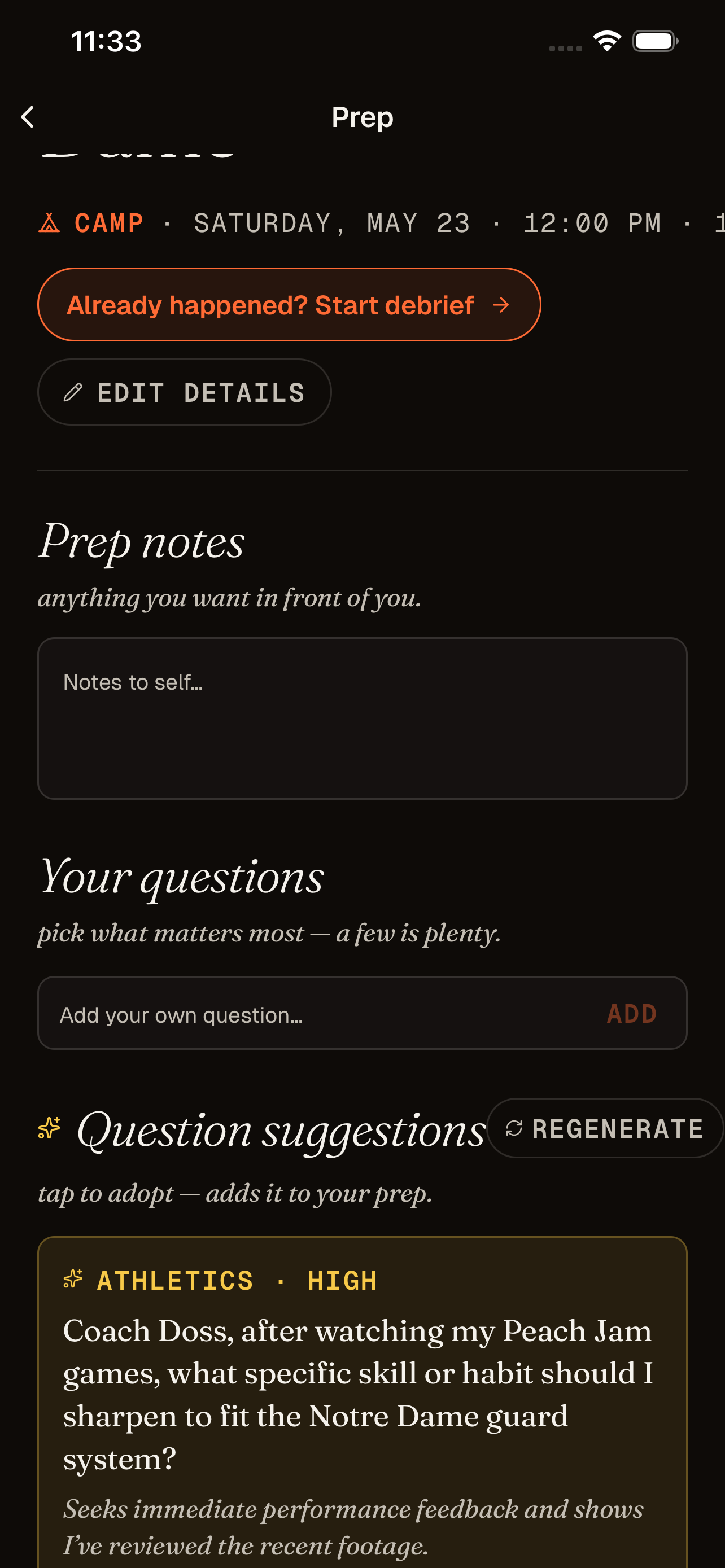 Scouted prep screen with question suggestions