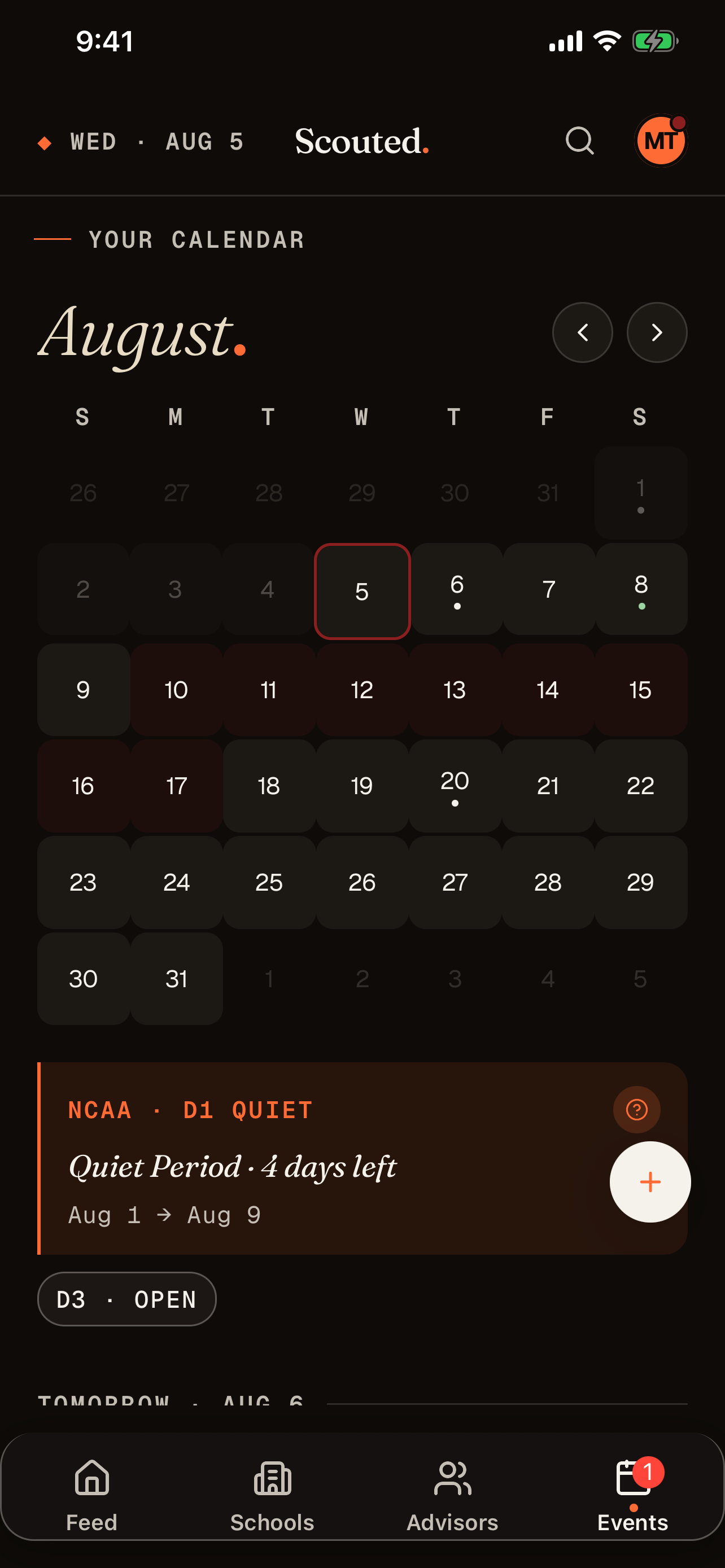 Scouted calendar month view with NCAA recruiting period banner and daily agenda