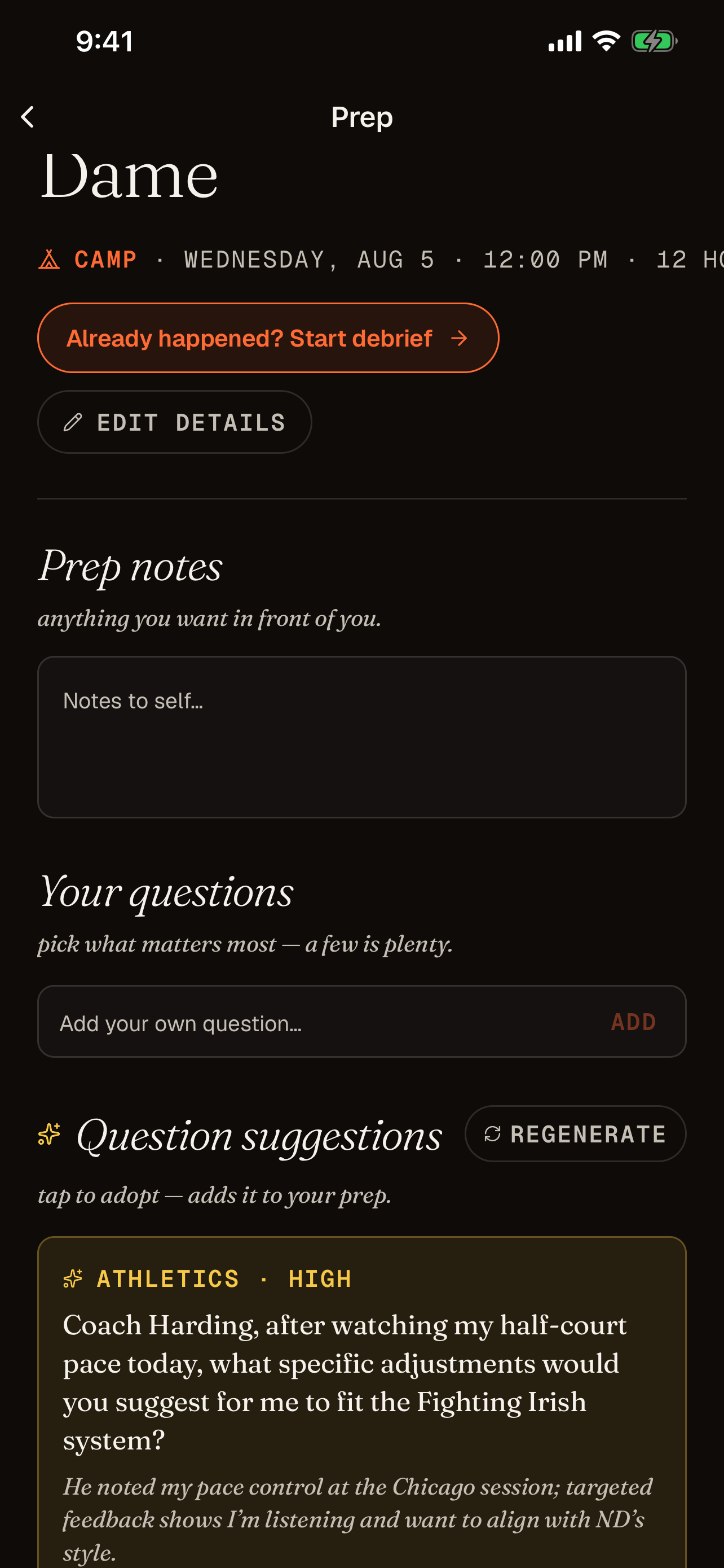 Scouted prep screen with question suggestions